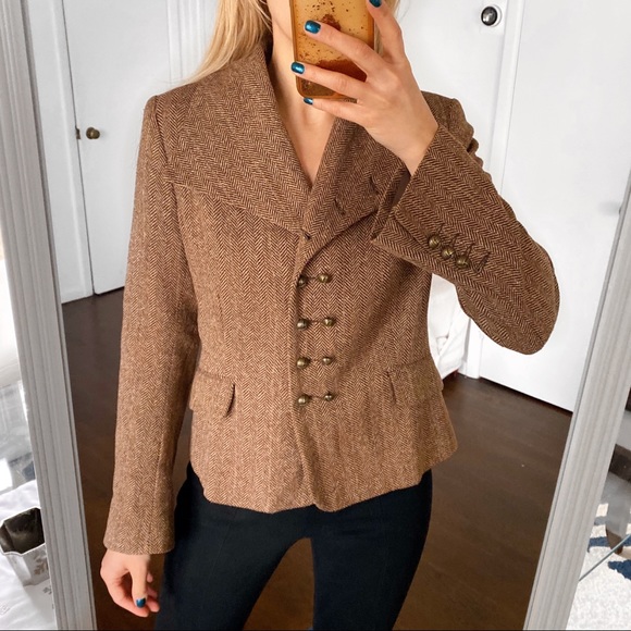 🍂 H&M BROWN HERRINGBONE WOOL BLEND BLAZER JACKET! - Picture 5 of 15
